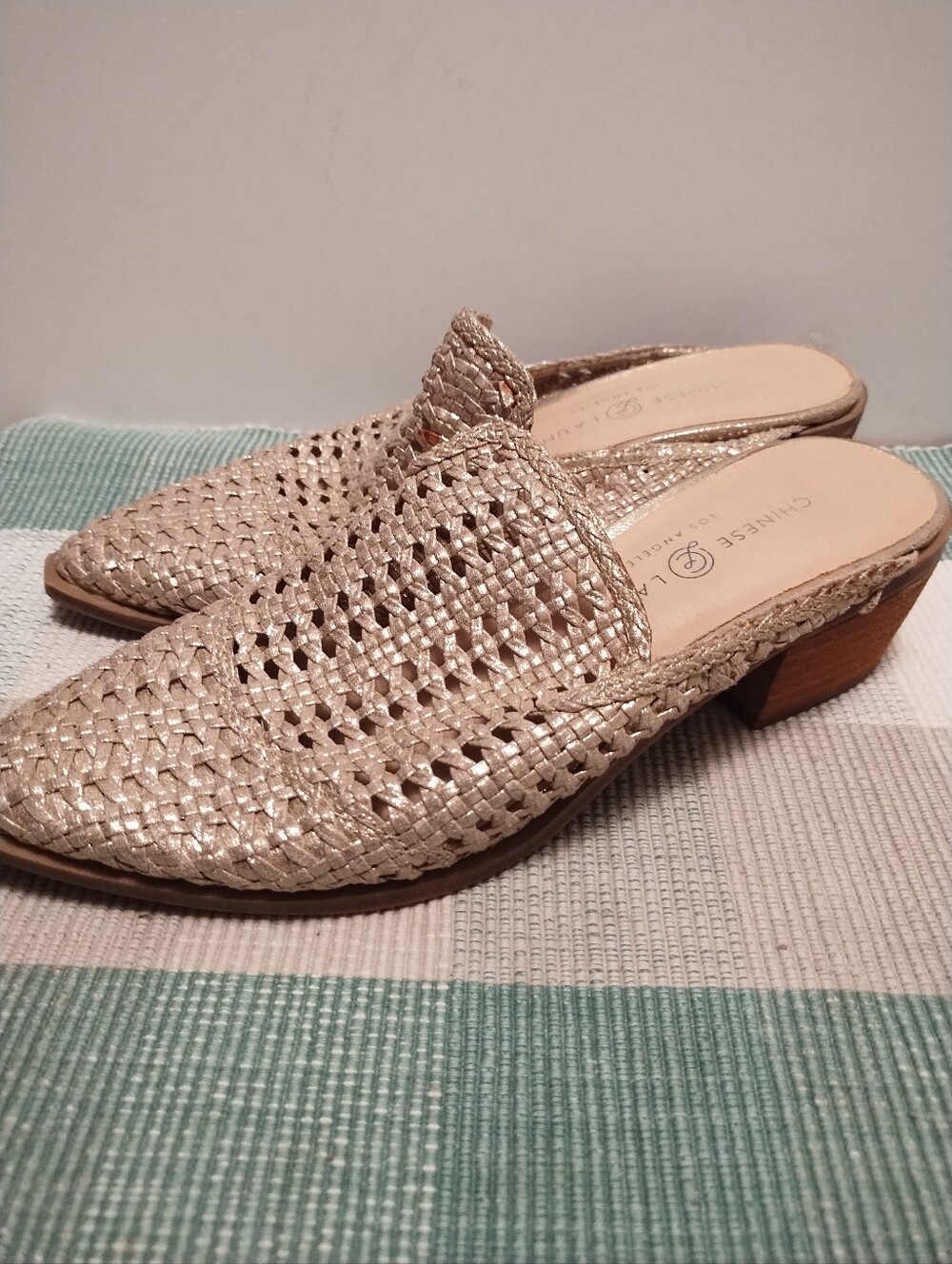 Chinese Laundry Gold Woven Slide Mules